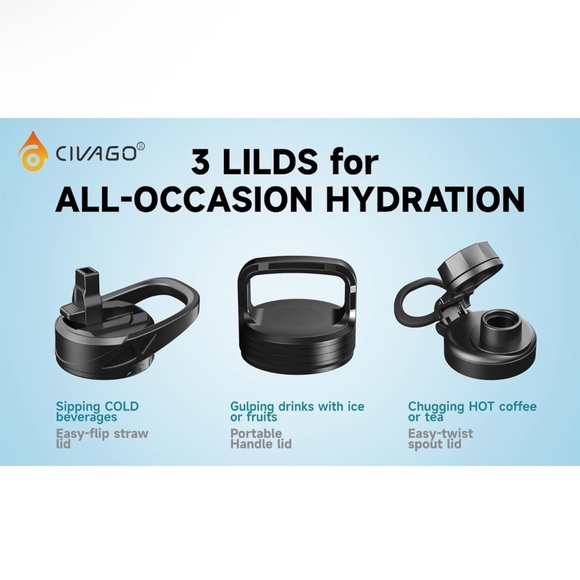 STAINLESS STEEL WATER BOTTLE WITH 3LIDS - Picture 7 of 7